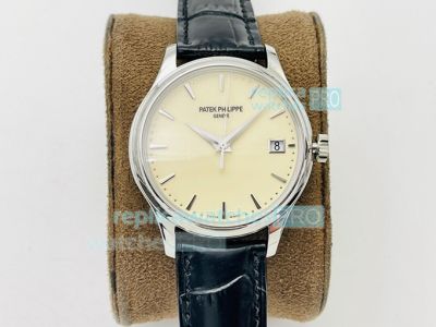 Swiss Replica Patek Philippe Calatrava Beige Dial Black Leather Strap Watch